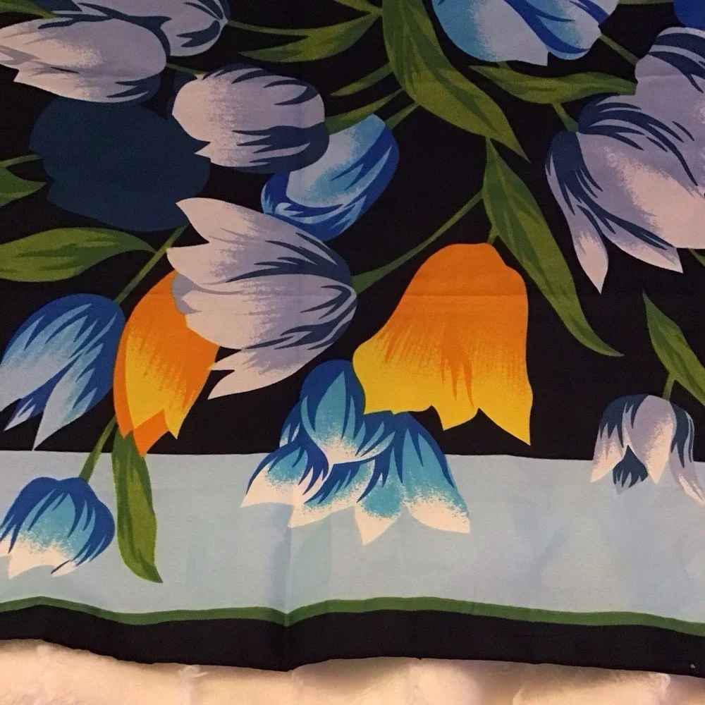 Vintage Blue Orange Tulip Flower Floral Scarf 26